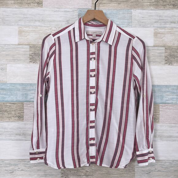 LOFT Striped Button Down Tunic Shirt White Red Casual Womens Small Petite SP - Picture 1 of 7